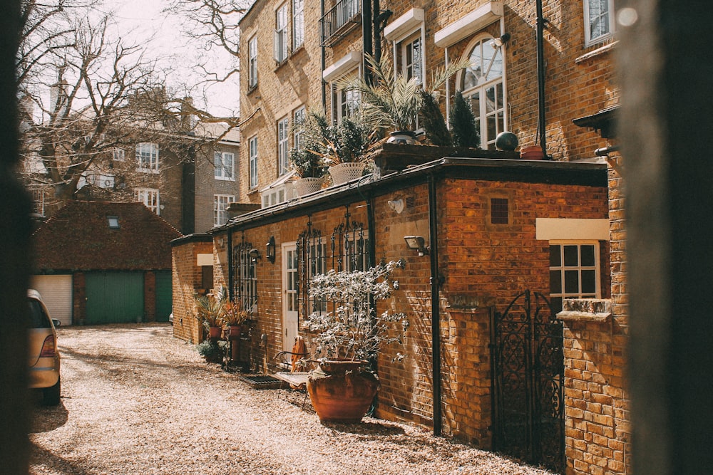 Maison en brique de béton brun avec des plantes placées à l’extérieur