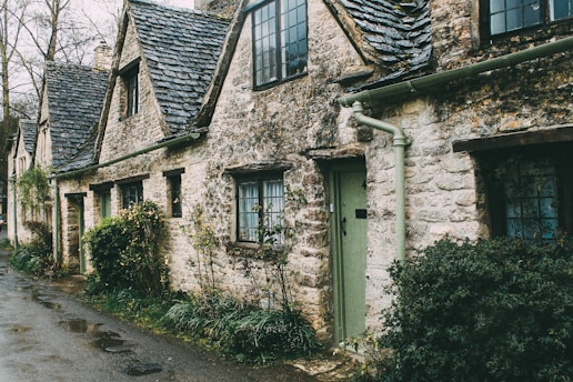 A row of charming, rustic stone cottages with steep, shingled roofs and small paned windows line a narrow, damp street. The facade is adorned with climbing plants and shrubs, suggesting a quaint and historical setting. Overcast skies cast a muted light, enhancing the earthy and natural tones of the scene.