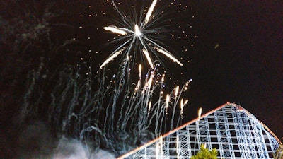 Image showing colorful fireworks lighting up the night sky over a theme park.