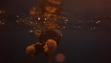 A scuba diver is submerged in dark water, partially illuminated by faint golden light reflecting from the surface. The visibility is low, creating a moody and mysterious atmosphere. The diver's legs and part of the torso are visible, and they appear to be wearing a wet suit with yellow accents.