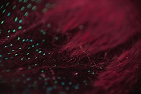 The image features a textured surface with a blend of deep red and hints of iridescent teal scattered throughout. The composition creates a dynamic play of colors and textures, resembling feathers or an abstract pattern.