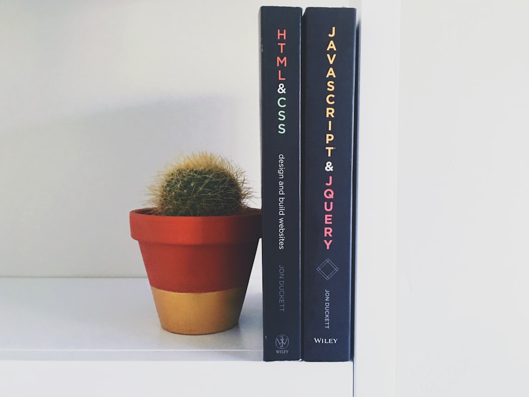 Books about HTML and JavaScript on a shelf next to a potted cactus