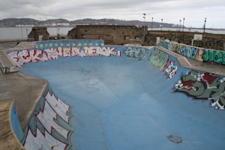 A skate park with a large, empty concrete bowl covered in colorful graffiti art along its edges. The scene is overcast with a cloudy sky and a body of water in the background, flanked by old brick buildings and stone walls.