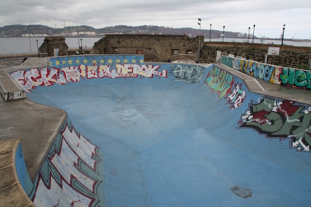 A skate park with a large, empty concrete bowl covered in colorful graffiti art along its edges. The scene is overcast with a cloudy sky and a body of water in the background, flanked by old brick buildings and stone walls.