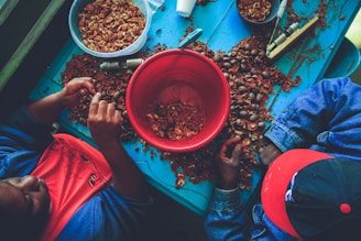 Two people are seated at a table covered in pecan shells. They are wearing blue and red clothing. One person appears to be cracking pecans while the other is sorting them. Several containers are scattered on the table, with a large red bowl in the center filled with broken shells.