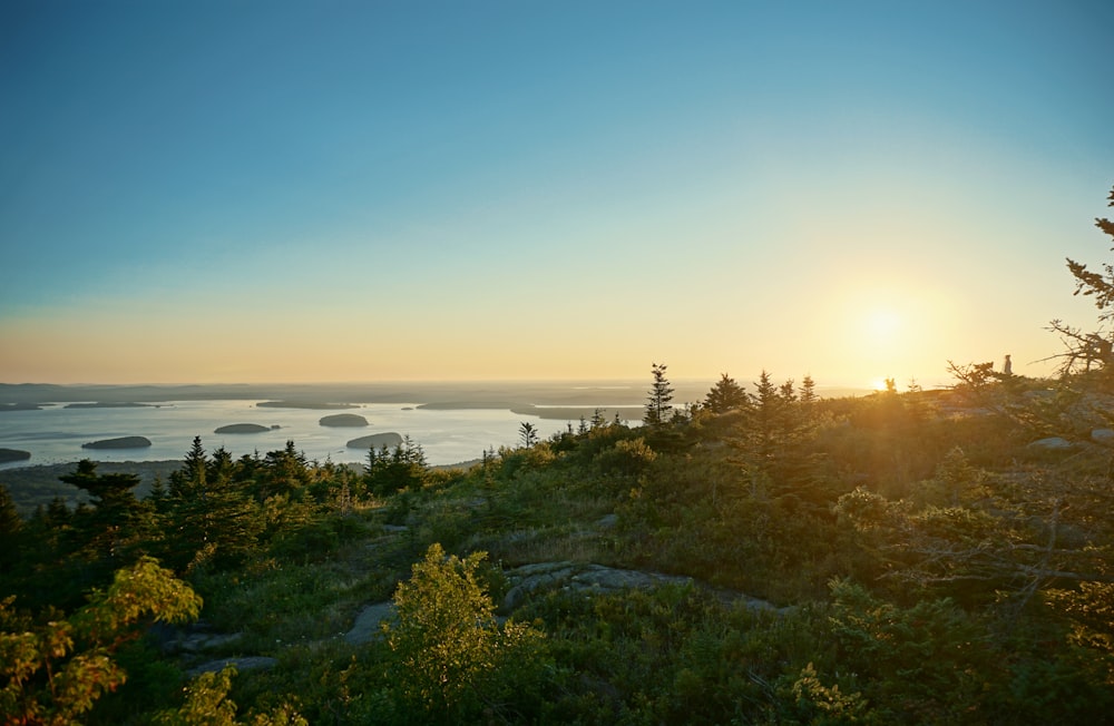 the sun is setting over the water from the top of a hill