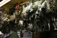 Plastic bags filled with various dried herbs hang in a market stall. Each bag contains different types and sizes of dried leaves, some labeled with small green stickers. The setting appears dimly lit, with shadows highlighting the textures of the herbs. Decorative items like ribbons and pine cones are interspersed among the hanging bags.