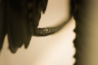 A close-up image of a bicycle chain connecting two sprockets, with a shallow depth of field that leaves most of the image in soft focus. The metallic texture of the chain is prominent, surrounded by a blurred, neutral-colored background.