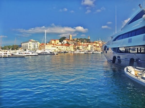 A picturesque harbor scene with numerous boats and yachts docked in the marina. The waterfront is lined with a variety of buildings, including residential and commercial structures, set against a backdrop of lush green hills and a clear blue sky with scattered white clouds. The water is a vivid blue, reflecting the sky's hues.