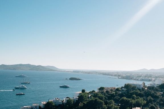 Several boats and yachts are sailing on a vast expanse of blue sea, with a distant coastline and mountainous landscape in the background. The foreground features a lush area with trees and several buildings overlooking the ocean. The sky is clear and expansive, with minimal cloud cover, suggesting a sunny day.
