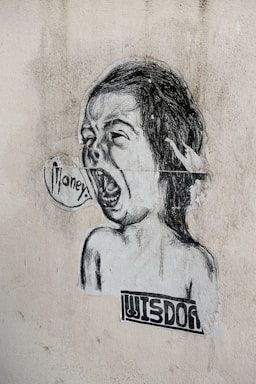 A black and white street art illustration featuring a child-like face with an open mouth, as if shouting. The word 'money' is written in a speech bubble. Below the face, the word 'wisdom' is printed in a blocky font. The image is pasted on a textured, worn wall.