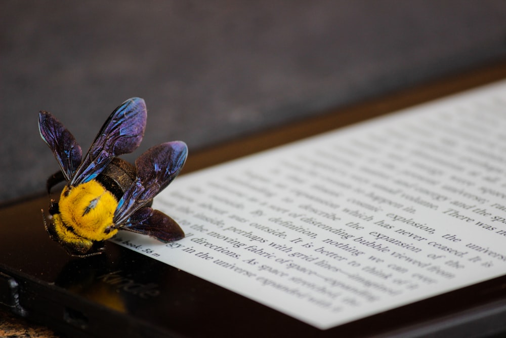 yellow and purple bumble bee on Kindle E-book reader