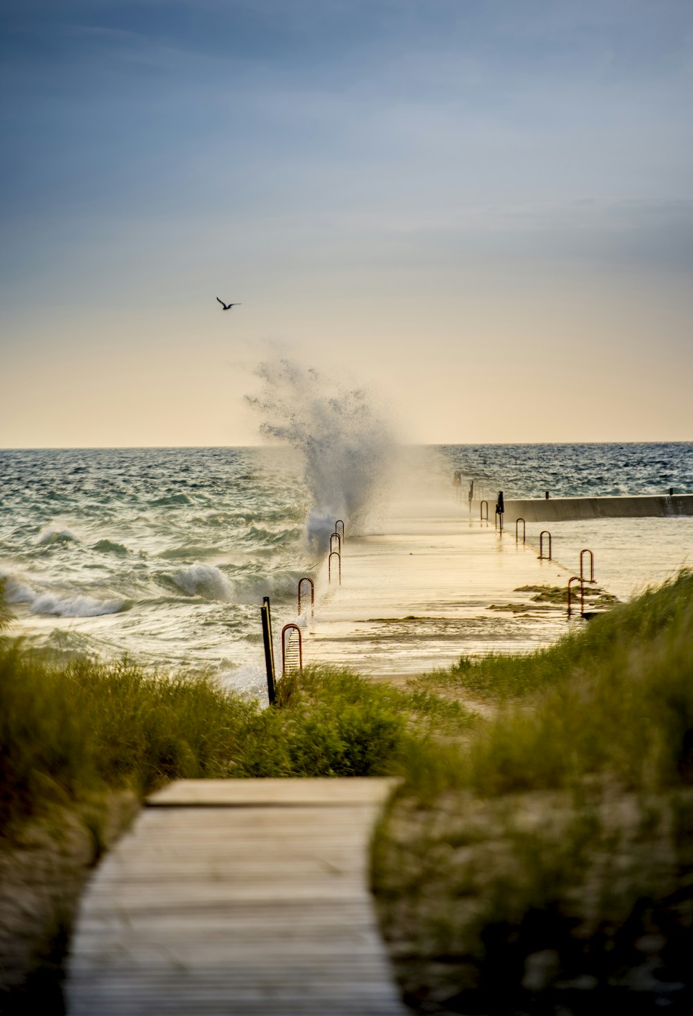 Pontile di legno marrone accanto all'onda dell'oceano