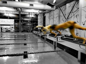 A swimming pool with lanes marked, embedded within an indoor facility with large windows and wall decorations. Multiple swimmers are in mid-air, diving off starting blocks into the pool.