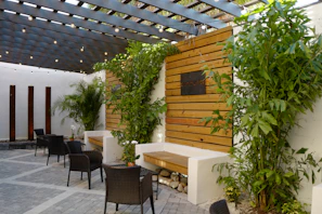 Outdoor patio featuring durable PU stone panels blending with natural surroundings
