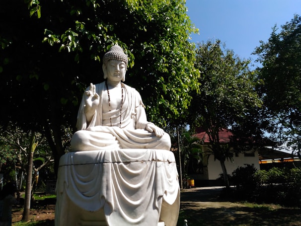 A serene white stone statue of a seated figure in a meditation pose, with one hand raised in a traditional gesture. The statue is surrounded by lush green trees in a garden setting. Sunlight filters through the foliage, casting gentle shadows on the ground. A building with a red roof can be seen in the background.