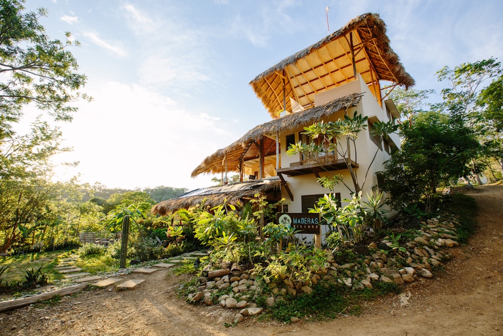 a house with a thatched roof surrounded by greenery