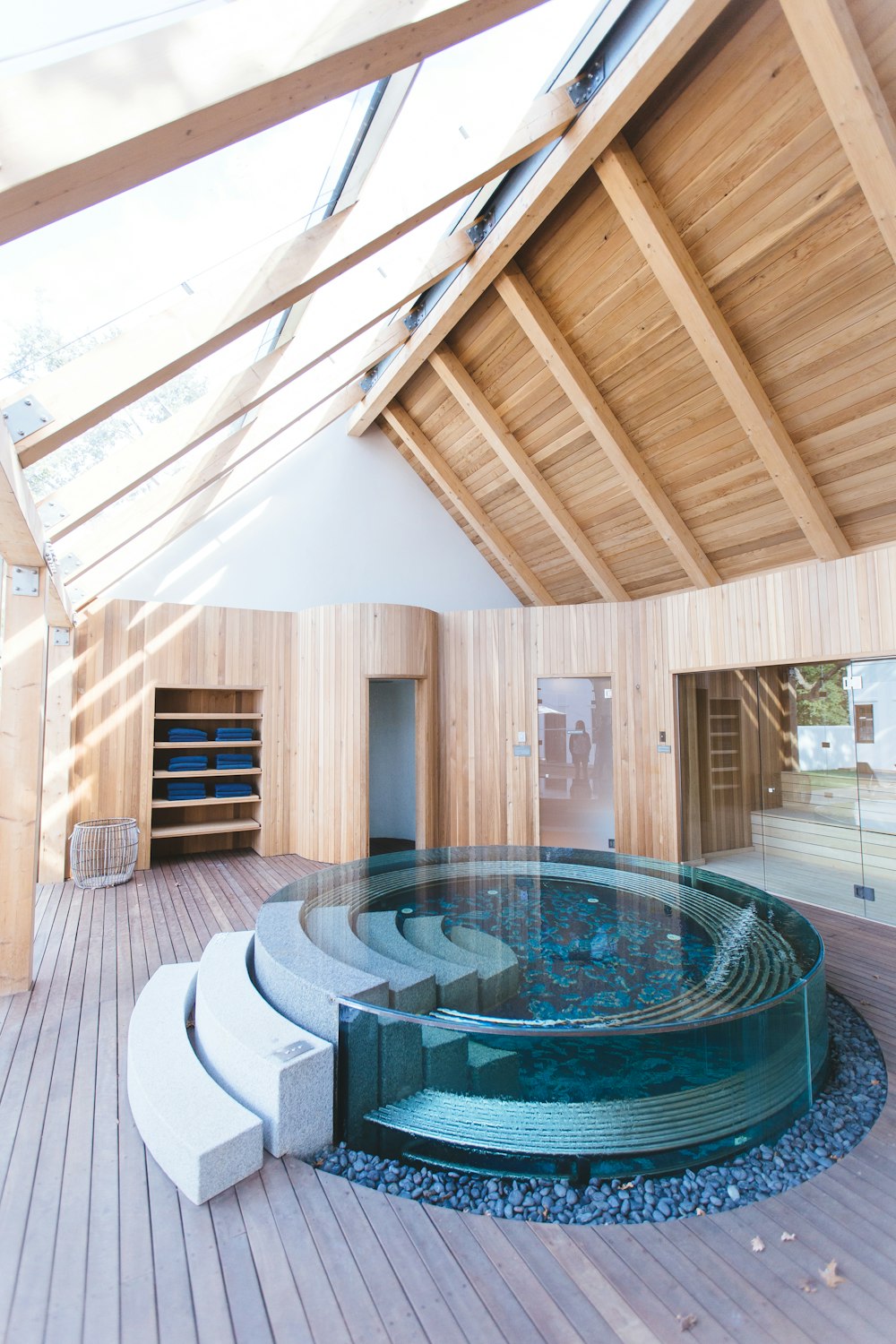 A beautiful indoor spa tub fit for six people.
