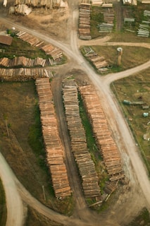 Aerial view of a lumber yard with neatly stacked rows of wooden logs on dirt roads, surrounded by patches of grass and open land. The logs are arranged in long, parallel lines beside intersecting pathways.