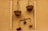 A rustic wall features traditional balance scales hanging vertically. The scales are made of rough, woven materials. One scale holds a variety of colorful fruits, while the other appears empty. The arrangement is simple, with a branch supporting a small plant and the balanced fruits.