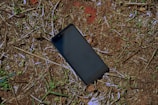 A smartphone lies face up on dry, patchy ground with scattered small green plants and twigs. The phone's screen is dark and reflective under natural lighting.