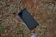 A smartphone lies face up on dry, patchy ground with scattered small green plants and twigs. The phone's screen is dark and reflective under natural lighting.