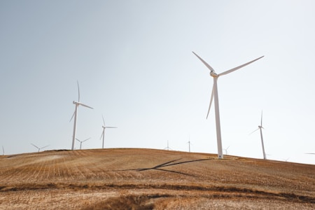 Wind turbines stand on a gently rolling, dry landscape under a clear sky. The turbines are evenly spaced across the field, casting long shadows on the light brown earth. The scene conveys a sense of open space and sustainable energy production.