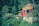 A rustic wooden cabin is situated amidst dense greenery, with a stone foundation and bright red-framed windows. The cabin is surrounded by lush trees and foliage, creating a serene and secluded atmosphere.