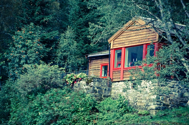 A rustic wooden cabin is situated amidst dense greenery, with a stone foundation and bright red-framed windows. The cabin is surrounded by lush trees and foliage, creating a serene and secluded atmosphere.
