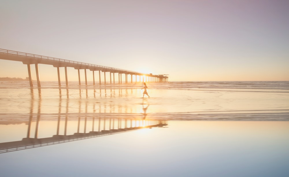 person walking on sea near bridge during daytime