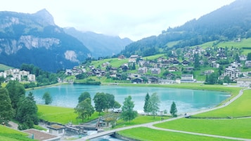 A picturesque landscape featuring a serene lake surrounded by lush green hills and a cluster of quaint houses. In the background, towering mountains covered in dense forest rise majestically. The foreground includes a winding path with a few people strolling along, adding a sense of scale and tranquility to the scene.