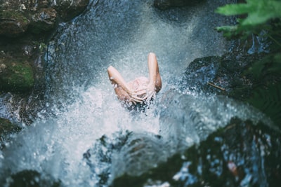 high-angle photography of woman bathing below waterfalls during daytime refreshing zoom background