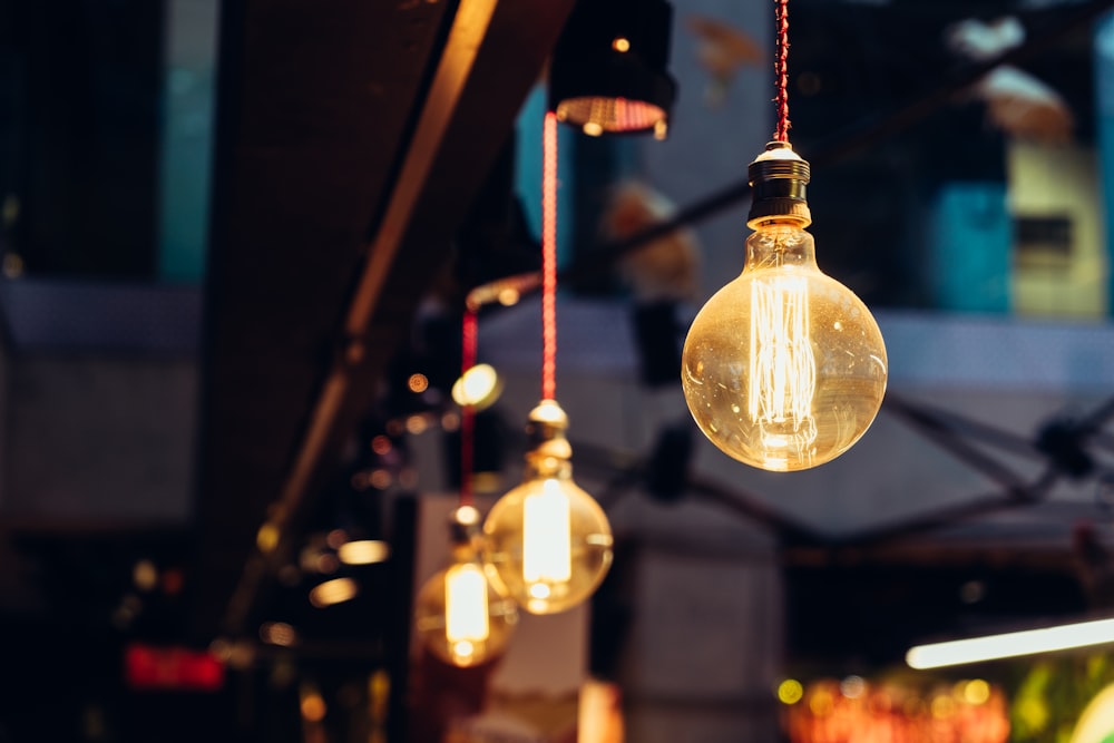 selective focus of lighted light bulbs