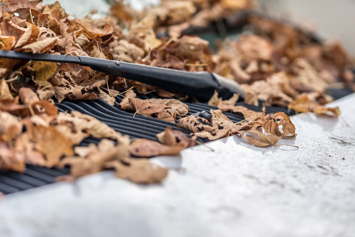 Herfstbladeren worden uit een dakgoot verwijderd