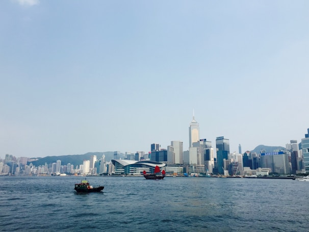 A panoramic shot of the Hong Kong skyline from the water.