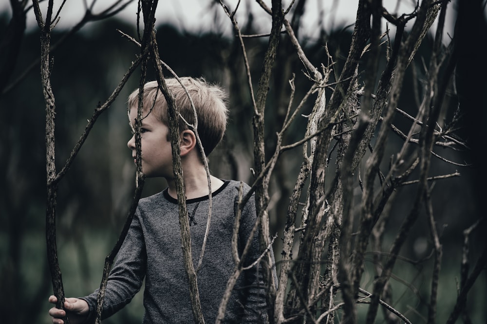 a young boy standing in a forest with bare branches