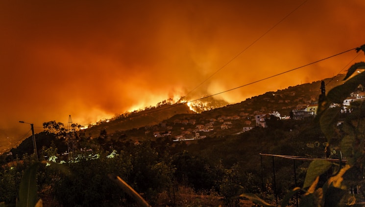 A large wildfire engulfs a hillside at night, casting an orange glow over the landscape. Smoke billows into the dark sky, and small houses are visible on the lower part of the hill, contrasting against the bright flames.