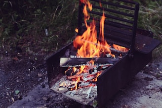 A metal barbecue grill with a burning fire set on a concrete surface. Flames rise from pieces of wood and charcoal, emitting a bright orange and yellow glow. Surrounding the grill is a natural environment with grass and some scattered leaves.