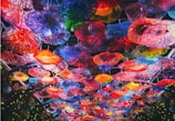An overhead view of a colorful glass ceiling installation, featuring a variety of vibrant, translucent floral shapes. The artwork is composed of numerous glass pieces in different forms and sizes, creating a kaleidoscope effect with hues of red, blue, yellow, green, and purple.