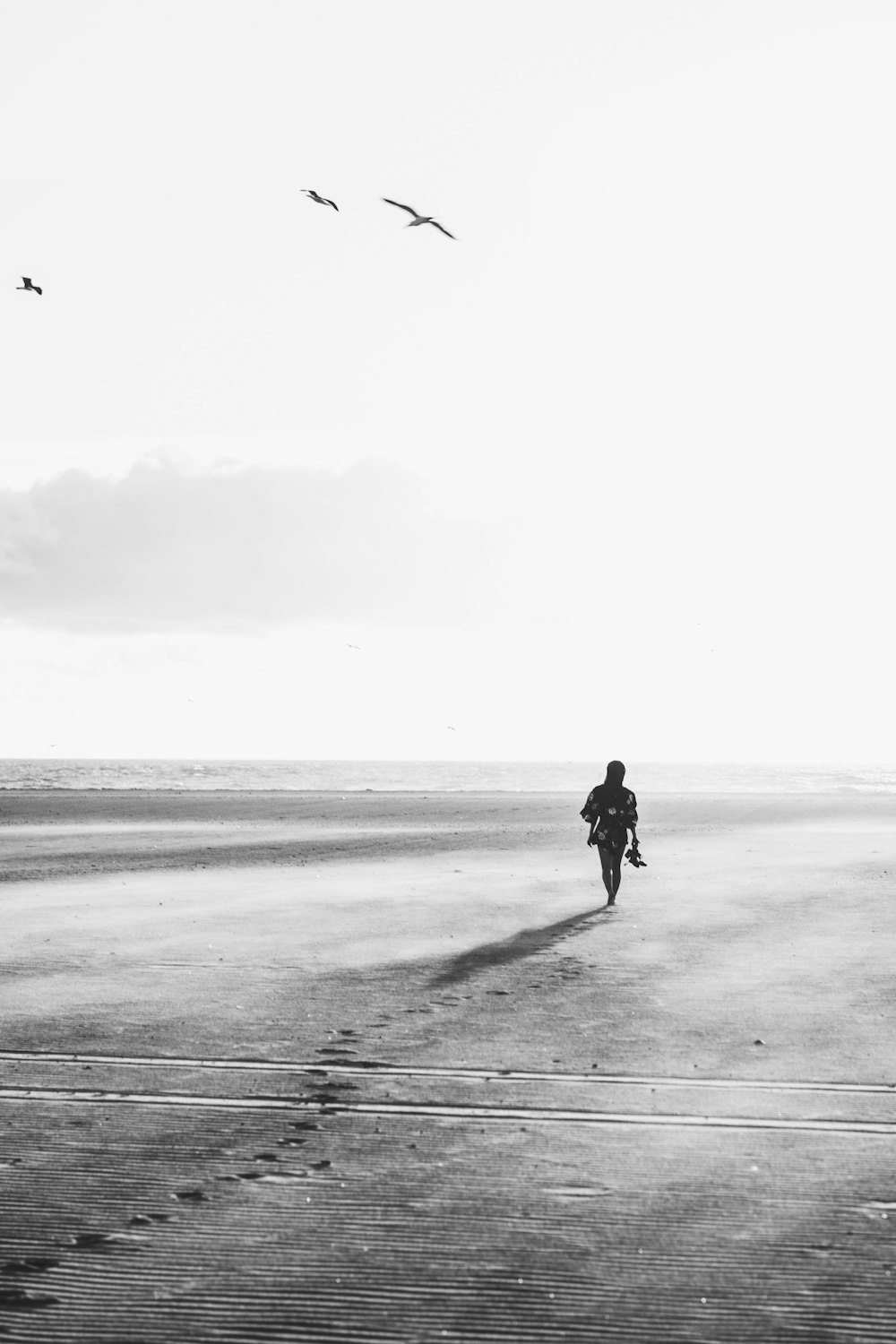 grayscale photo of person walking under birds