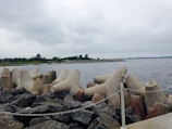 A waterfront scene featuring large concrete tetrapods placed along a rocky shore, with a chain boundary in the foreground. The water extends to the horizon, with a strip of green trees and vegetation along the coastline under a cloudy sky.