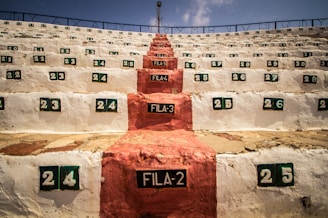 An amphitheater or stadium with multiple rows of white seats, each marked with green numbers from 21 to 30. A central path painted in red divides the seating, with section labels like FILA-2, FILA-3.