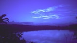 A tranquil waterscape with a calm body of water reflecting the soft, cloud-streaked sky. Silhouetted foliage frames the scene, suggesting a natural and serene environment.