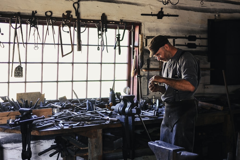 man inside tool shed