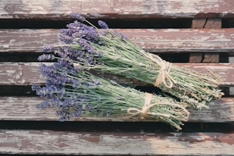 A close-up of fresh lavender and eucalyptus leaves intertwined on a rustic wooden table.