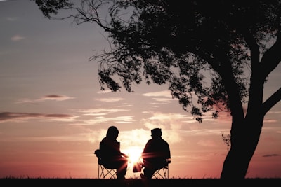 silhouette of two person sitting on chair near tree