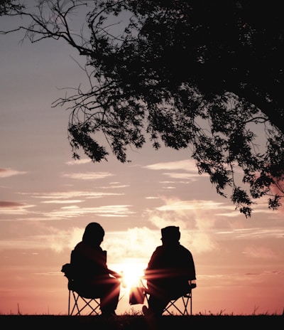 silhouette of two person sitting on chair near tree