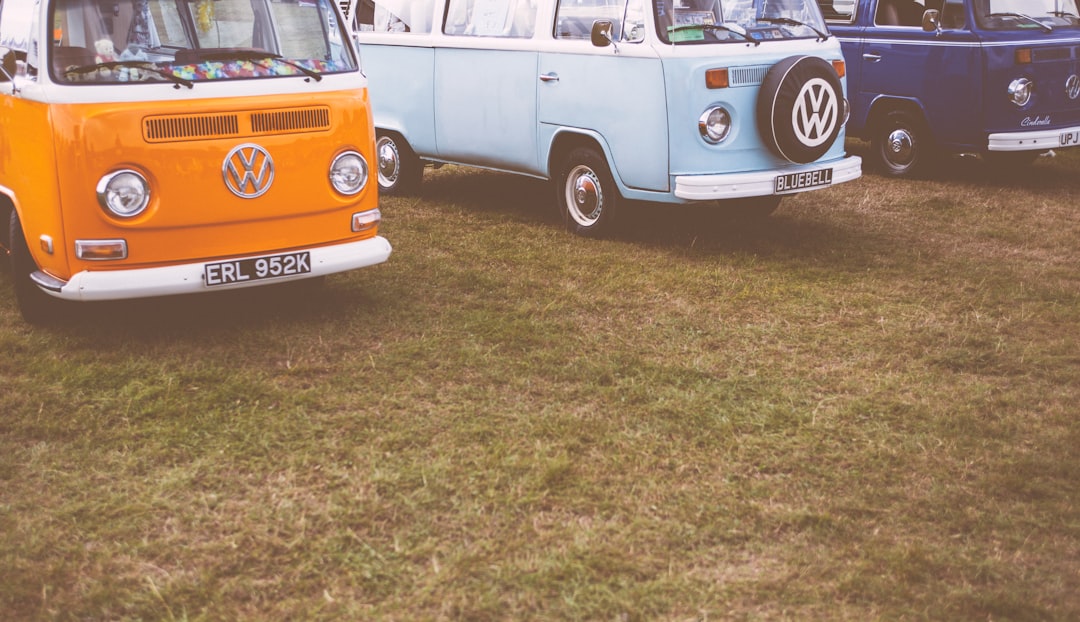 orange Volkswagen vehicles on green grass field,