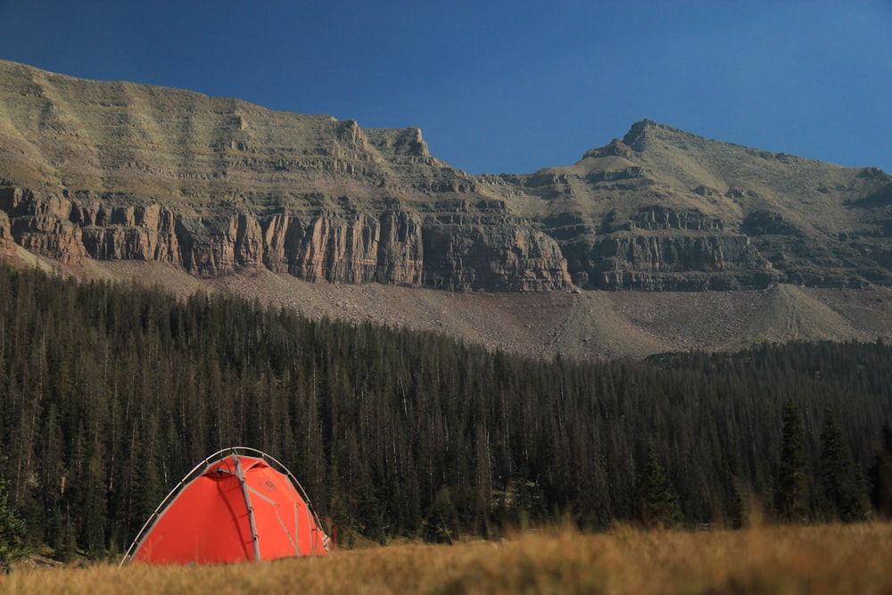 red dome tent on green grass field near brown mountain under blue sky during daytime