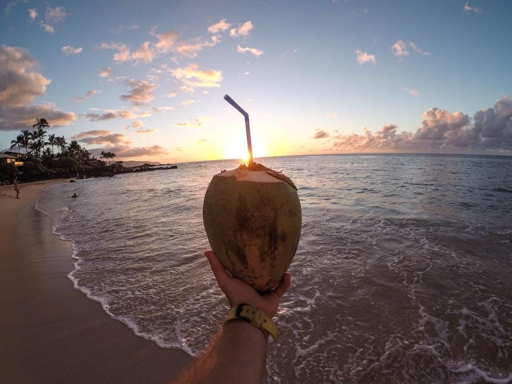 Drinking with a straw out of a fruit in Hawaii.